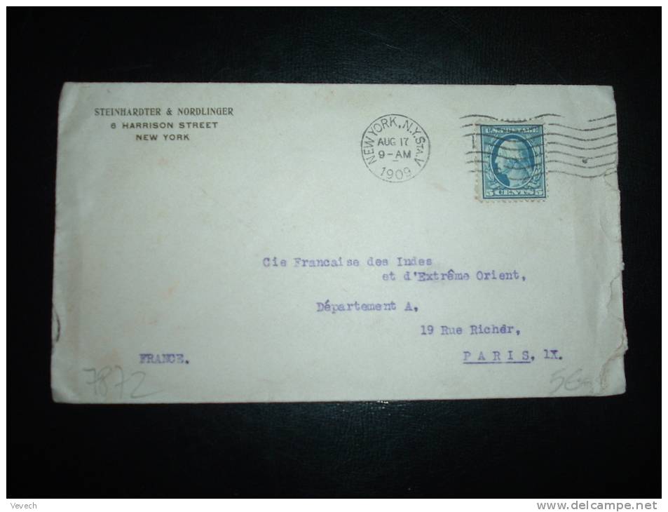 LETTRE POUR LA FRANCE TP 5 C OBL. MECA. AUG 17 1909 NEW YORK + ENTETE STEINHARDTER &amp; NORDLINGER - Sonstige & Ohne Zuordnung