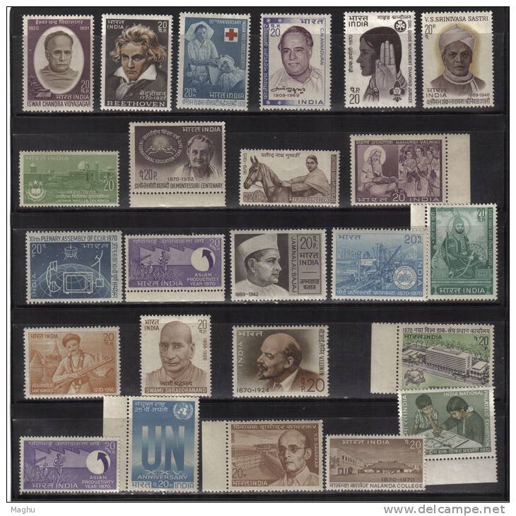 India MNH 1970, 23 Diff,  (Incomplete Year Pack, 1 Stamp Missing Re 1/   Philatelic Exhibition) - Neufs