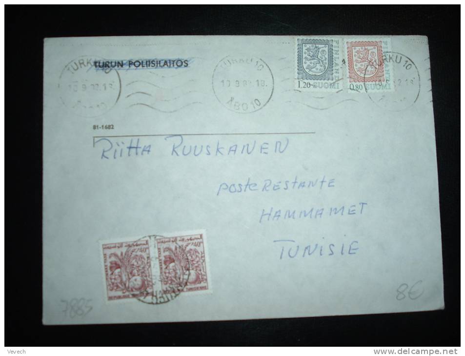 LETTRE POUR LA TUNISIE TP 1,20 + 0,80 OBL. MECA. 10.9.82 TURKU 10 ABO 10 + TP TAXE POSTE RESTANTE TUNISIE - Covers & Documents