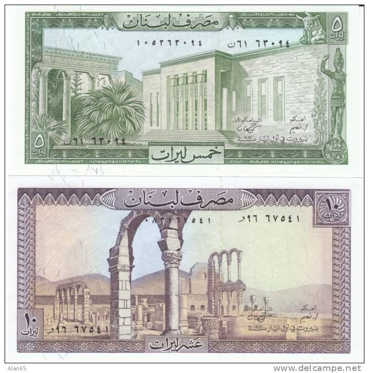 Lebanon #62d &amp; #63d, Lot Of 2 Different Banknotes, 5 And 10 Livres, 1986 Banknote Currency - Líbano