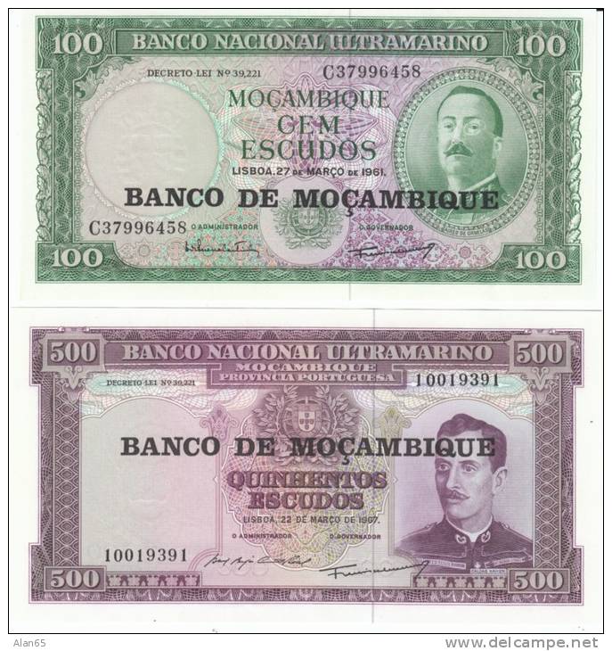 Mozambique #117 &amp; #118, Lot Of 2 Different Banknotes, 100 And 500 Escudos, 1986 Banknote Currency - Mozambique