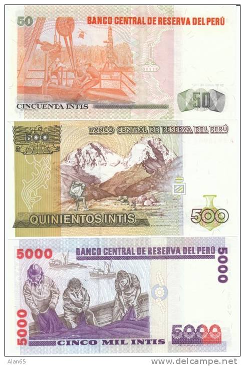 Peru #131b  #134b &amp; #137, Lot Of 3 Different Banknotes, 50 &amp; 500 And 5000 Intis, 1987-88 Banknote Currency - Peru