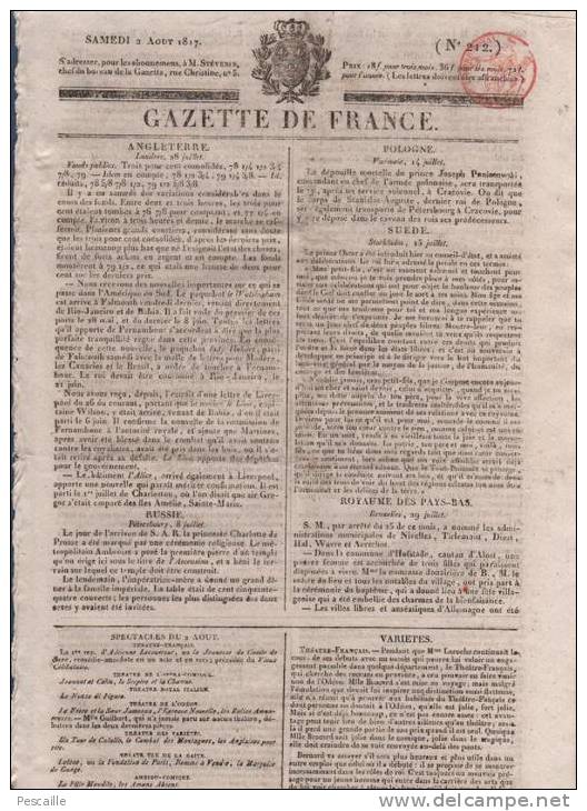 JOURNAL GAZETTE DE FRANCE 02 08 1817 - THEATRE FRANCAIS - SUEDE - GARDE ROYALE - AMERIQUE DU SUD - THEATRE DES VARIETES - 1800 - 1849