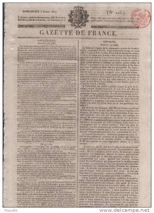 JOURNAL GAZETTE DE FRANCE 03 08 1817 - LONDRES - MADRID AMNISTIE - LYON AMBERIEUX - HISTOIRE DES CROISADES - 1800 - 1849