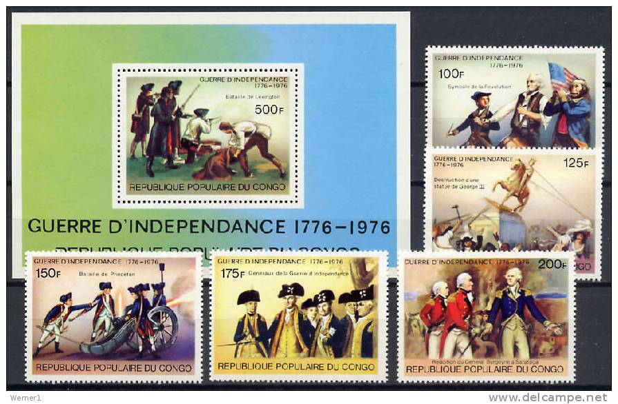 Congo 1976 US Bicentennial, Uniforms, Battles Set Of 5 + S/s MNH - Unabhängigkeit USA