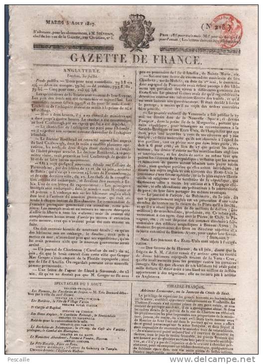 JOURNAL GAZETTE DE FRANCE 05 08 1817 - LONDRES - THEATRE FRANCAIS - LIEUDE BARON DE SEPMAUVILLE - SUISSE - - 1800 - 1849