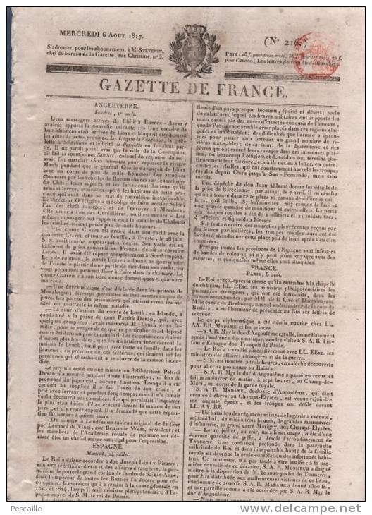 JOURNAL GAZETTE DE FRANCE 06 08 1817 - LONDRES - MADRID - PORCES ECRIVAINS COMTE ET DUNOYER - HISTOIRE EMPEREUR JULIEN - 1800 - 1849