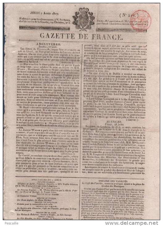 GAZETTE DE FRANCE 07 08 1817 - LONDRES DOCTEUR WATSON - VIENNE - THEATRE DES VARIETES - LUCQUES - GOUTTE MALADIE ... - 1800 - 1849