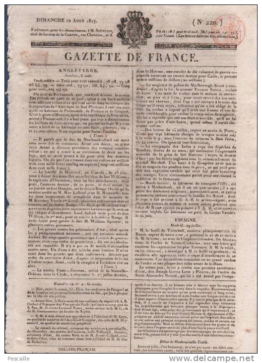 GAZETTE DE FRANCE 10 08 1817 - LONDRES - MADRID - THEATRE FRANCAIS - OPERA COMIQUE - CIRQUE OLYMPIQUE - Mme DE STAËL - 1800 - 1849