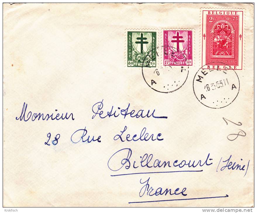 Melle 1953 - Letter To France - Lettre Brief - 3 Timbres à Surtaxe - Puntstempels