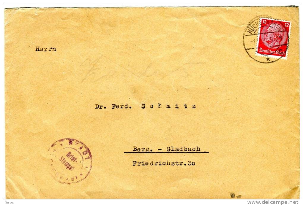 Germany- Briefstempel Cover- Posted From Huckeswagen-Stadt [canc.1.10.1937] To Berg. Gladbach (back Sleeve Missing) - Otros & Sin Clasificación