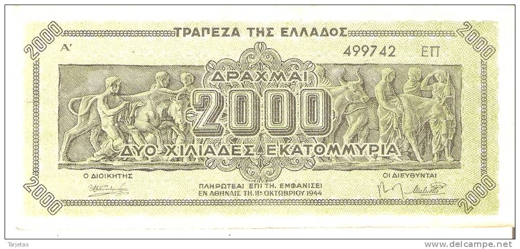 BILLETE DE GRECIA DE 2000 DRACMAS DEL AÑO 1944   (BANK NOTE) - Grecia