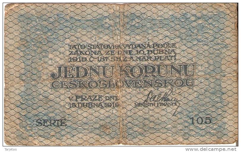 BILLETE DE CHECOSLOVAQUIA DE 1 KORUNA DEL AÑO 1919  (BANKNOTE) - Tsjechoslowakije