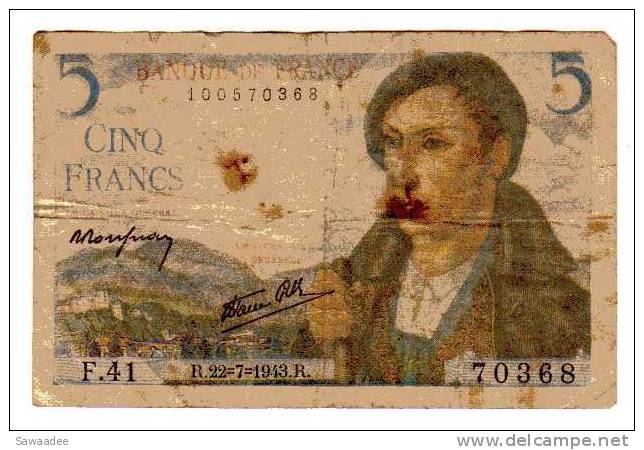 BILLET FRANCE - P.98 (VOIR SIGNATURES) - 22/07/1943 - BERGER - ARLESIENNE - 5 F 1943-1947 ''Berger''