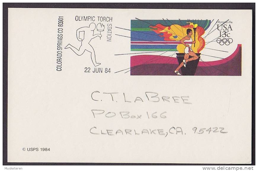 United States Postal Stationery Ganzsache Entier 13 C Olympic Games Olympic Torch Station 22.6.1984 Colorado CO - 1981-00