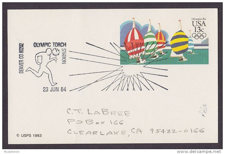 United States Postal Stationery Ganzsache Entier 13 C Olympic Games Olympic Torch Station 23.6.1984 Denver CO - 1981-00