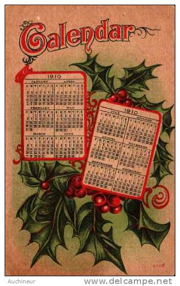 Année Date Millesime - 1910 - Houx Calendrier Calendar Rouge Tour Noir Fond Vert Pale - Anno Nuovo