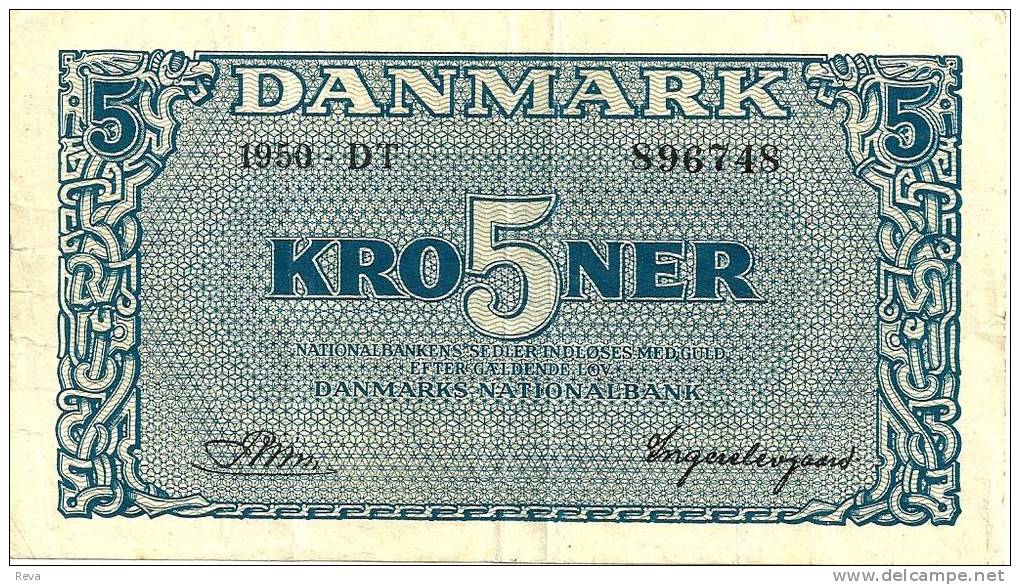 DENMARK 5 KRONER BLUE MOTIF FRONT MOTIF BACK DATED 1950 P? VF READ DESCRIPTION !! - Danemark