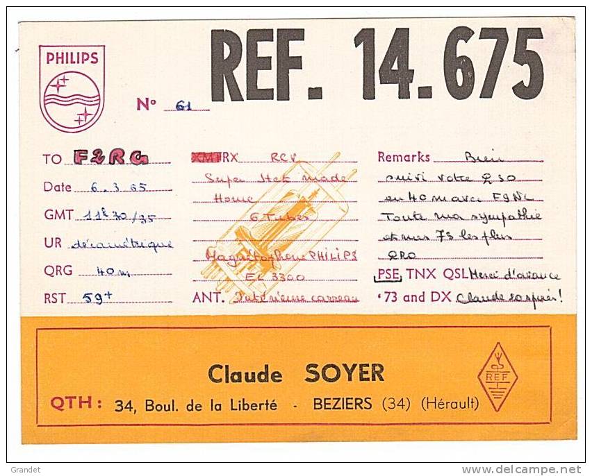 CARTE RADIO QSL - BEZIERS - PHILIPS - 1965. - Radio Amateur