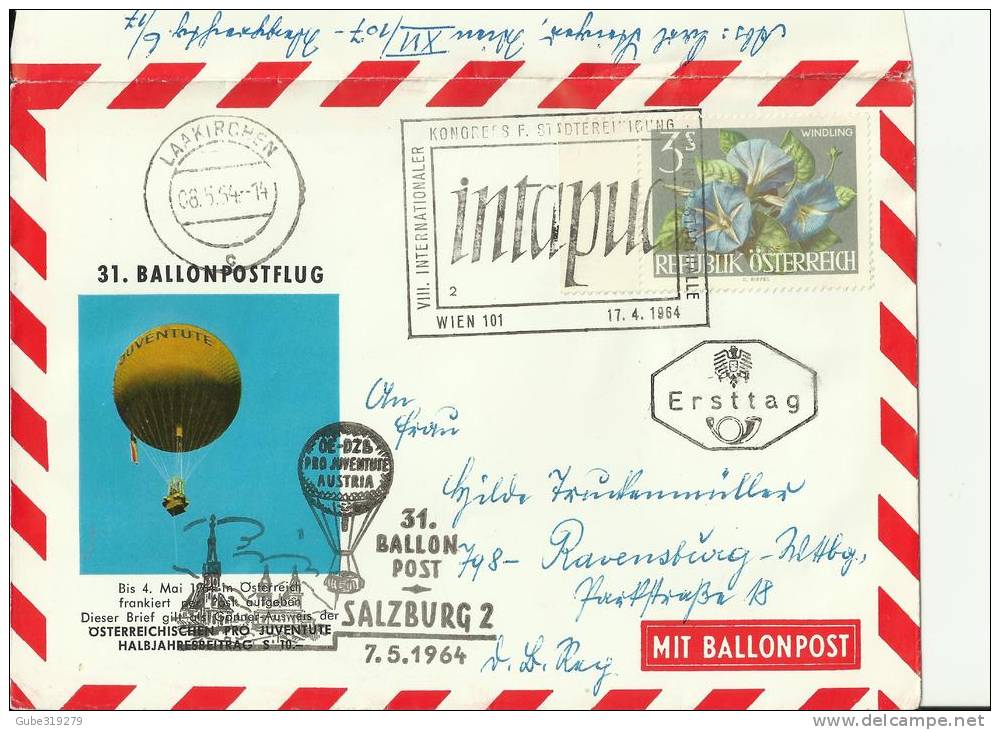 AUSTRIA 1964 FDC  BALLOON POST COVER SPECIAL FLIGHT N. 31 8TH INTERNATIONAL CONGRESS INTAPUL APR17+MAY 7 R 32 - Par Ballon