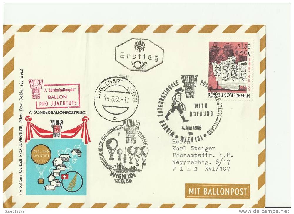 AUSTRIA 1965 FDC  BALLOON POST COVER SPECIAL FLIGHT N. 7 INTERNATIONAL BALLOON MEETING  WIEN  JUN 13+JUN 4  R 35 - Par Ballon
