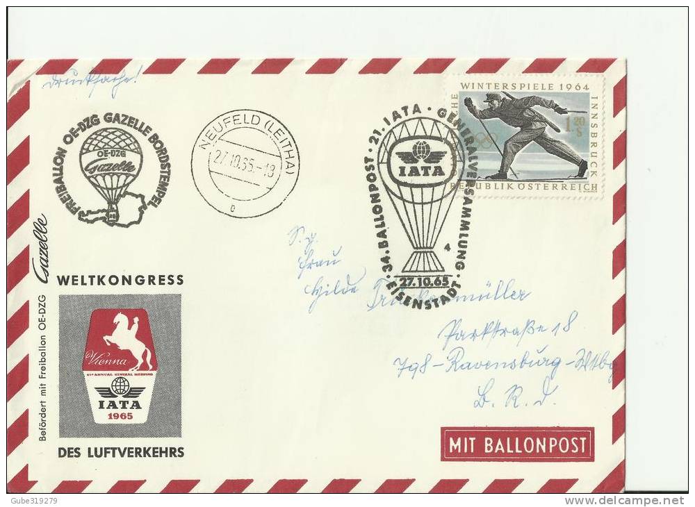 AUSTRIA 1965 FDC  BALLOON POST COVER SPECIAL FLIGHT N. 34  -IATA GENERAL MEETING EISENSTADT  OCT 27 R 36 - Par Ballon