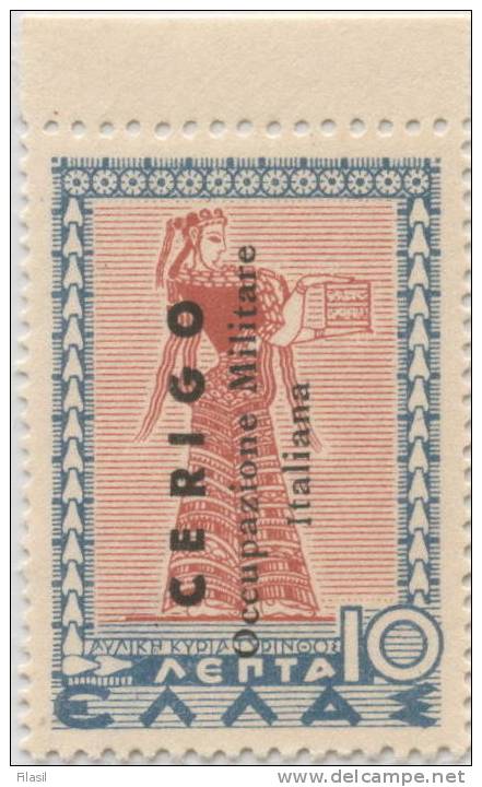 SI53D Italia Regno Grecia Soprast. CERIGO Occupazione Militare Italiana Mitologica 10 L.1941 Nu.MNH FASCIO Al Verso - Îles Ioniennes