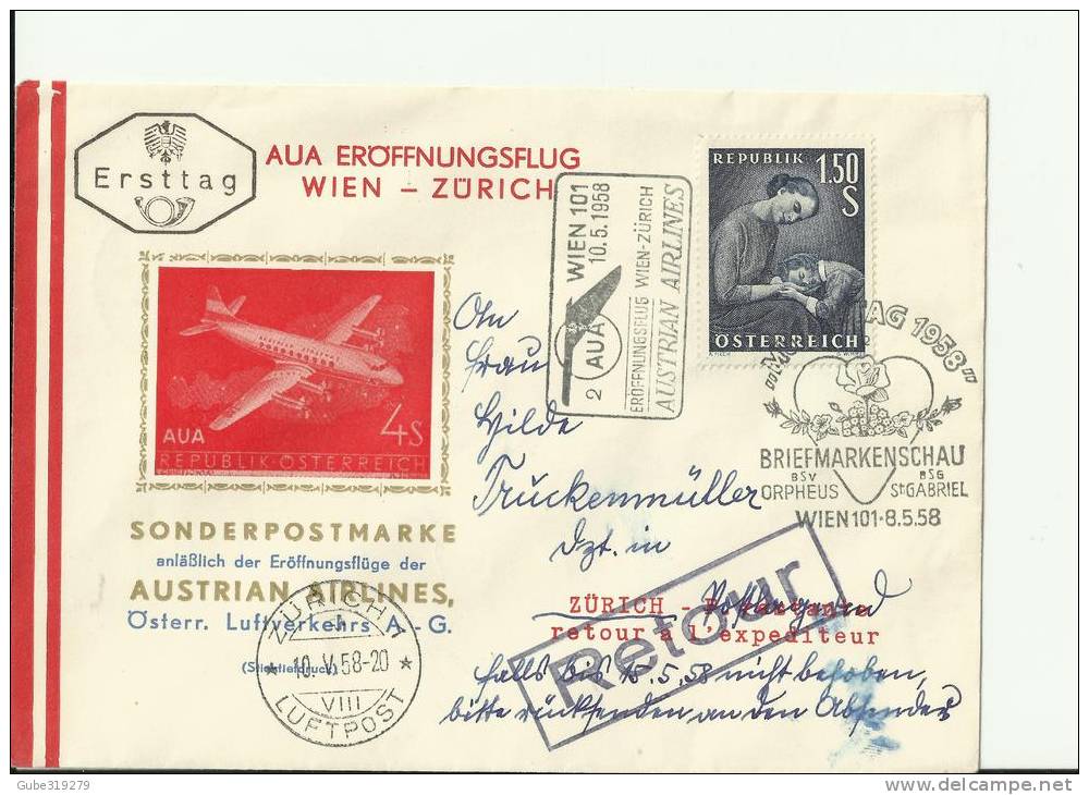 AUSTRIA 1958 - FDC AUA FIRST FLIGHT WIEN-ZURICH  FLOWN TO ZURICH   MAY 10 W 1 STAMP 1.50 FD P RE 4 - Premiers Vols