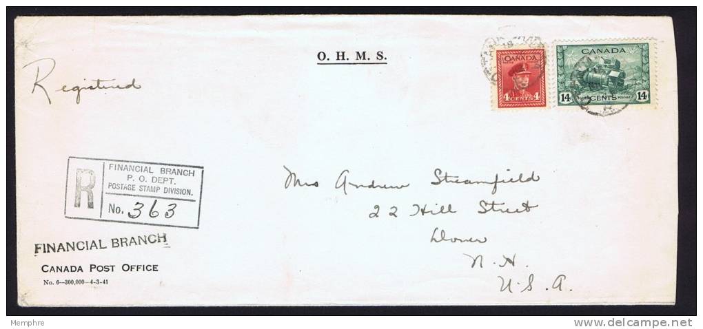 1943  Registered Letter To The USA  Sc 254, 259 (14 &cent; Tank) - Briefe U. Dokumente