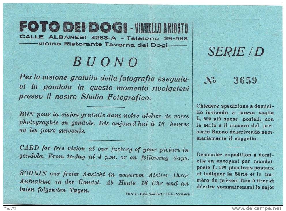 BUONO / COUPON _  " FOTO DEI DOGI  "  - VENEZIA - Altri & Non Classificati