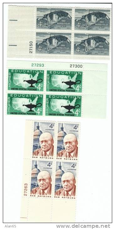 #1198 #1202 &amp; #1206 Homestead Act Sam Rayburn, Higher Education,Lot Of 3 Plate Number Blocks Mint 1962 US Postage St - Numéros De Planches