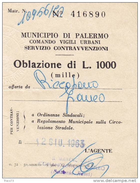 PALERMO / 1963 - Oblazione Da Lire 1000 - Sonstige & Ohne Zuordnung