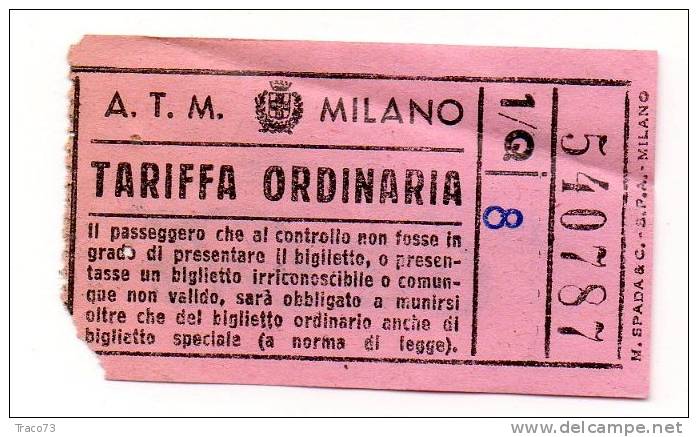 MILANO  -  BIGLIETTO A.T.M.  - TARIFFA ORDINARIA - Europe