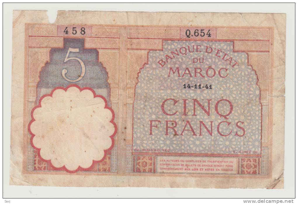 Morocco 5 Francs 14-11- 1941 G-VG P 23Ab 23A B - Marokko