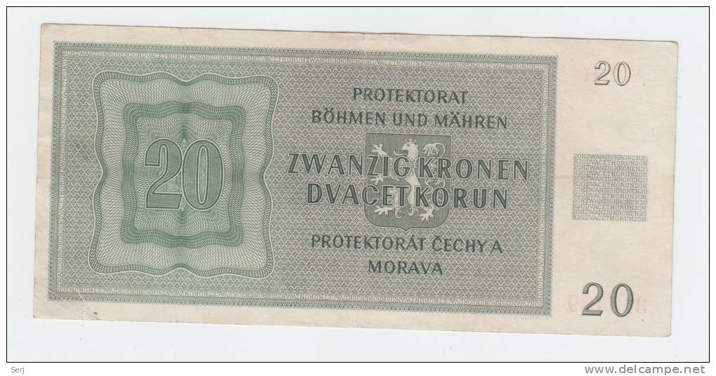 Bohemia & Moravia 20 Korun 1944 VF++ Banknote P 9 - WW2