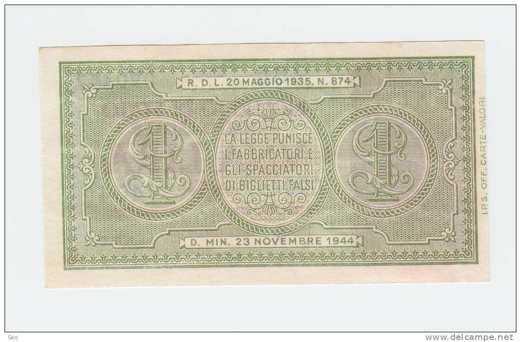 ITALY 1 Lire 1944 AUNC P 29b 29 B - Italië – 1 Lira