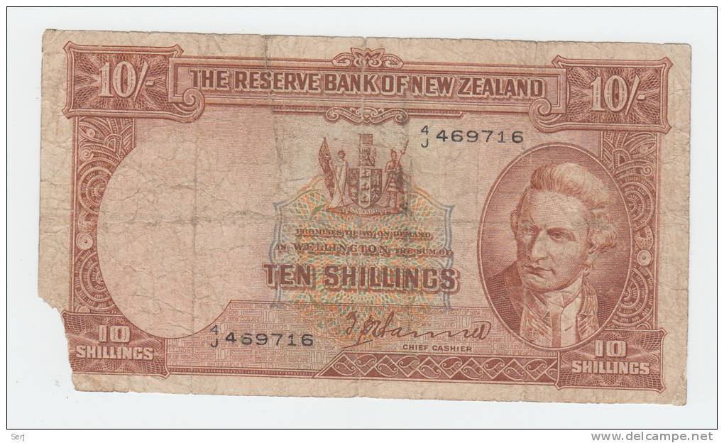 New Zealand 10 Shillings 1940-55 G-VG Banknote P 158a 158 A - Nieuw-Zeeland