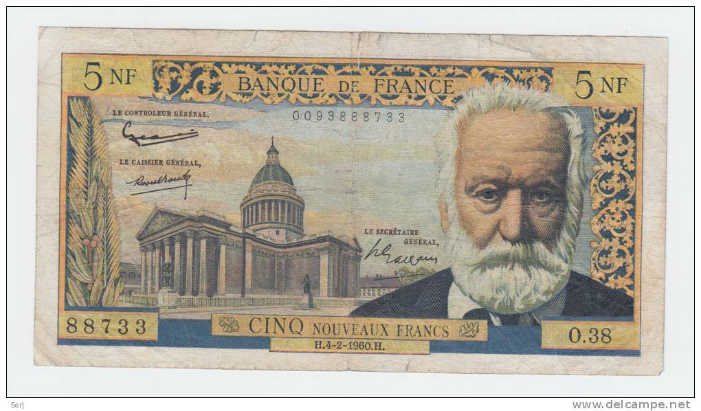 France 5 Noveaux Francs 4-2- 1960 VG Banknote P 141 - 5 NF 1959-1965 ''Victor Hugo''