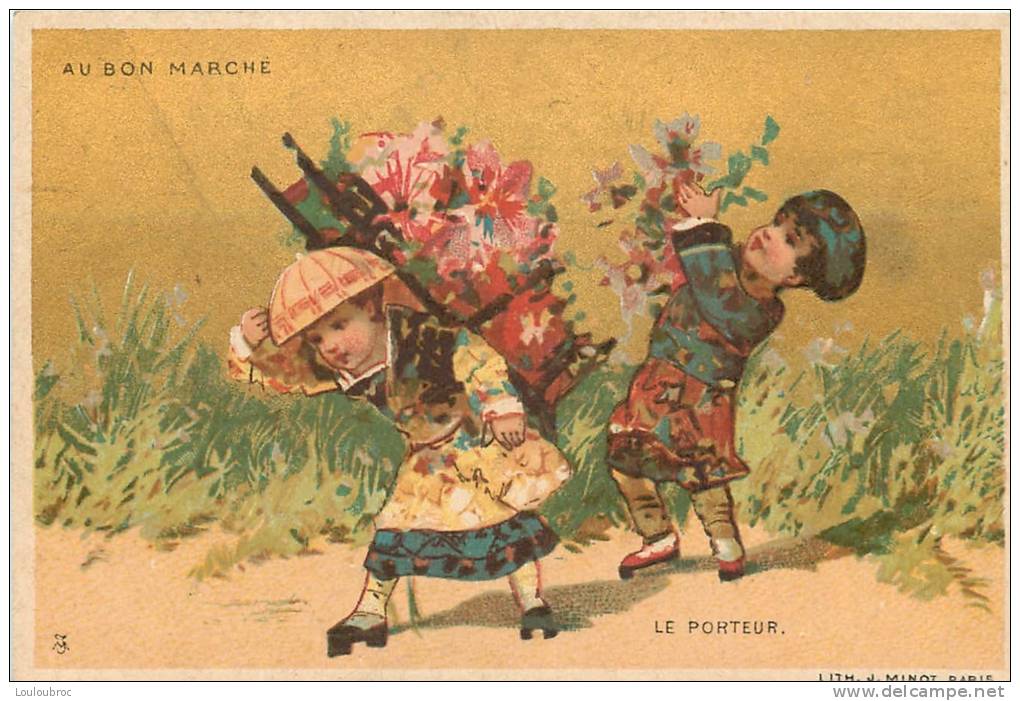 CHROMO AU BON MARCHE 11 X 7.50 CM LE PORTEUR  THEME ASIE LITHO MINOT - Au Bon Marché