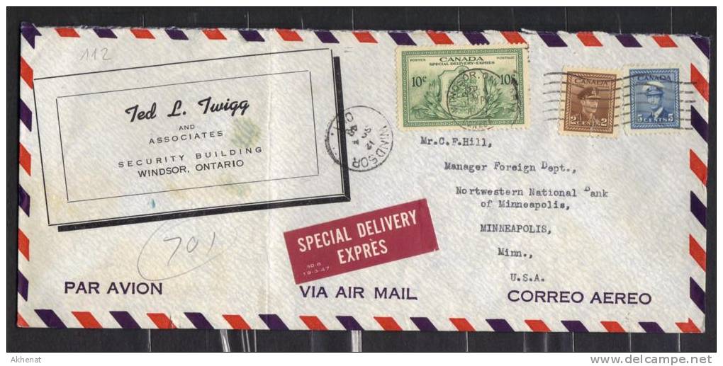 BIG112 - CANADA  , Lettera Per USA Del 4/9/48 . Valori Difettosi - Airmail: Special Delivery