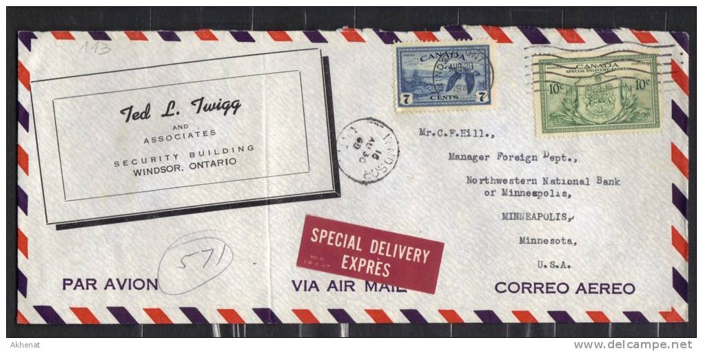 BIG113 - CANADA  , Lettera Per USA Del 30/8/48 . - Entrega Especial/Entrega Inmediata