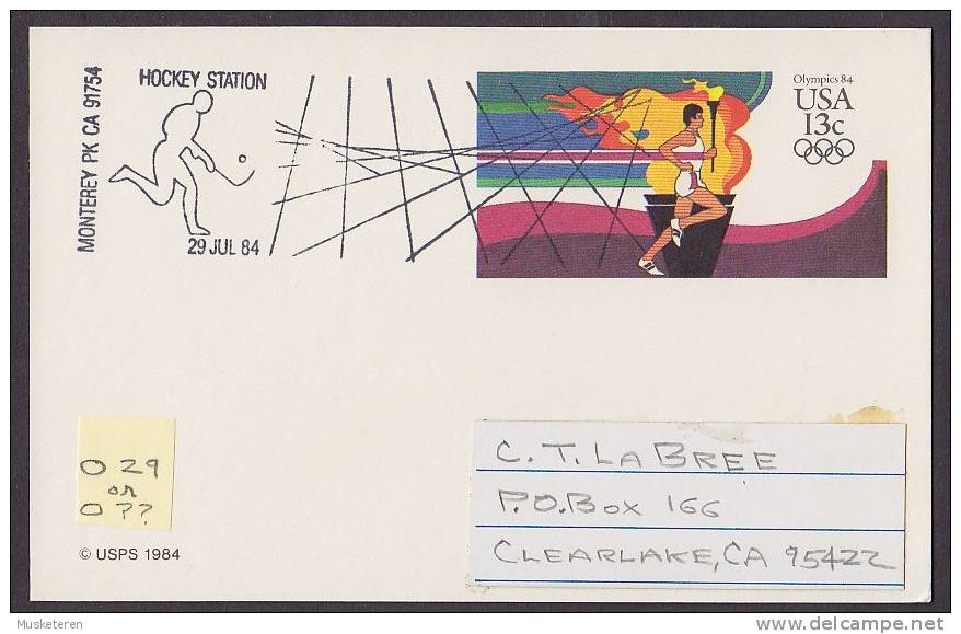 United States Postal Stationery Ganzsache Entier 13 C Olympic Games Olympic Hockey Station 29.7.1984 Monterey PK - 1981-00
