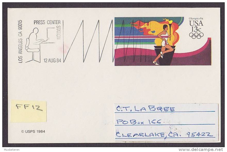 United States Postal Stationery Ganzsache Entier 13 C Olympic Games Olympic Press Center Station 12.8.1984 Los Angeles - 1981-00