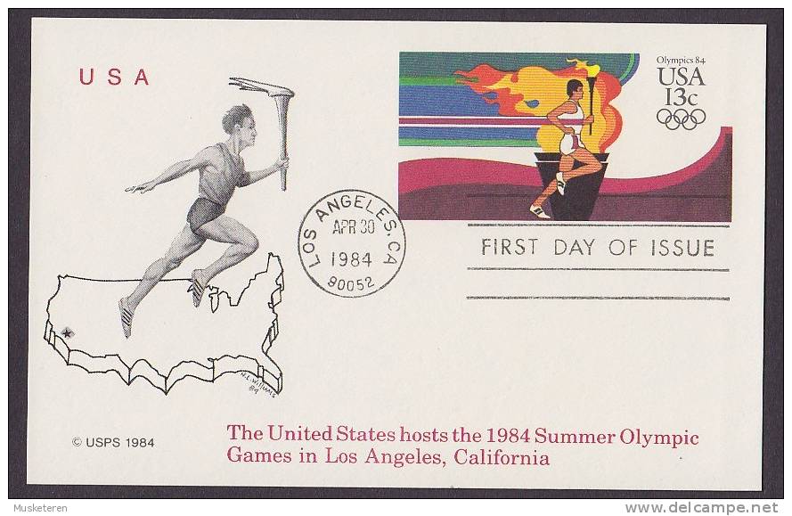 United States Postal Stationery Ganzsache Entier 13 C Olympic Games 1984 FDC Card Olympic Torch Runner - 1981-00