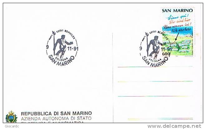 SAN MARINO - STORIA POSTALE - SAN MARINO NEI SUOI FRANCOBOLLI: ANNULLO  XXXVI BOPHILEX BOLOGNA 9.11.1991 -  RIF. 519 - Lettres & Documents