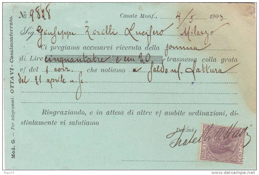 CASALE MONFERRATO / MILAZZO  - Card_ Cartolina Pubbl.  TIMBRO TONDO " F.LLI OTTANI CASA  AGRICOLA  " - 1903 - Reclame