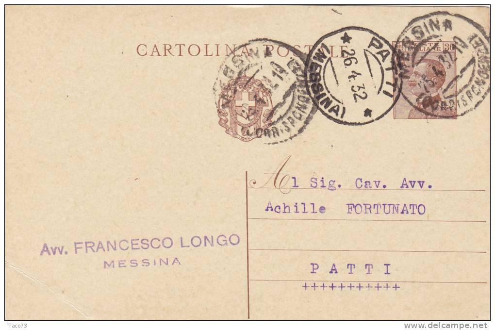 MESSINA  / PATTI  - Card_ Cartolina Pubbl.  " Avv. Francesco LONGO  " - 1932 - Reclame