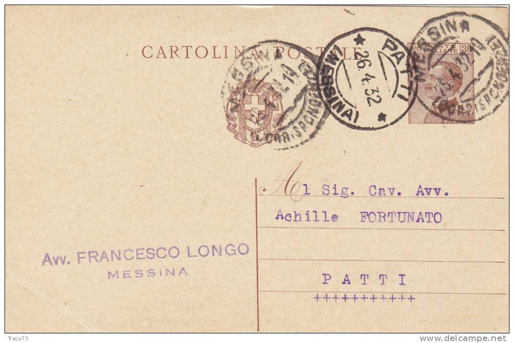 MESSINA  / PATTI  - Card_ Cartolina Pubbl.  " Avv. Francesco LONGO  " - 1932 - Publicity