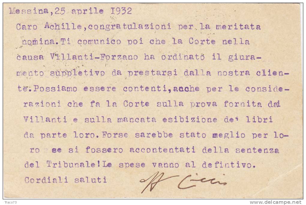 MESSINA  / PATTI  - Card_ Cartolina Pubbl.  " Avv. Francesco LONGO  " - 1932 - Publicity