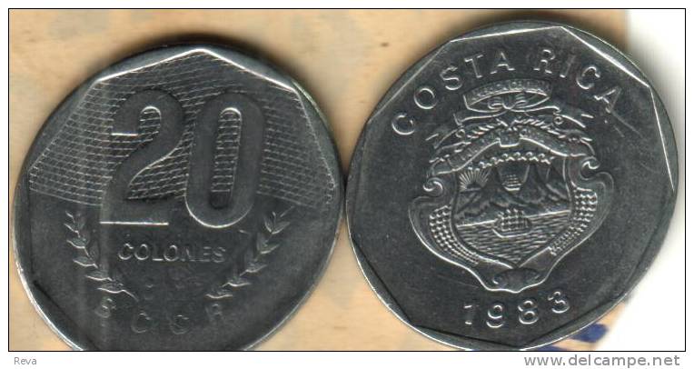 COSTA RICA  20 COLONES LAUREL LEAVES FRONT EMBLEM SHIP  BACK 1983 KM216.1 READ DESCRIPTION CAREFULLY!! - Costa Rica